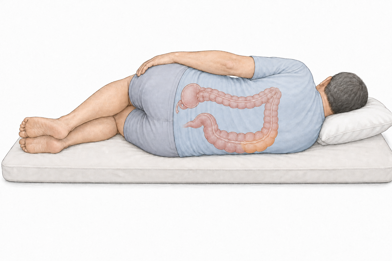 Educational illustration of a man lying on his side with colon anatomy overlaid