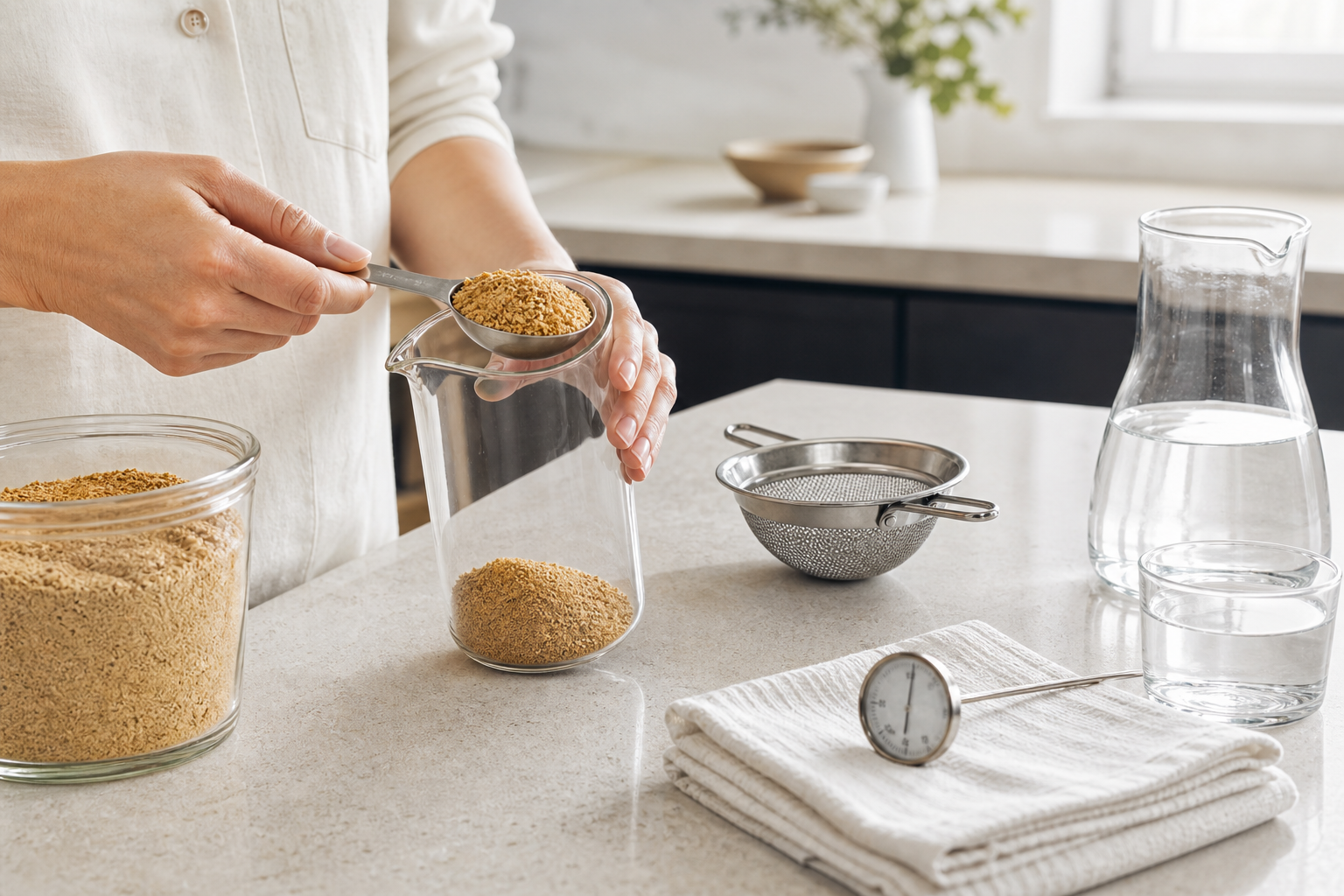 Careful measurement of pale ground coffee with clean preparation equipment