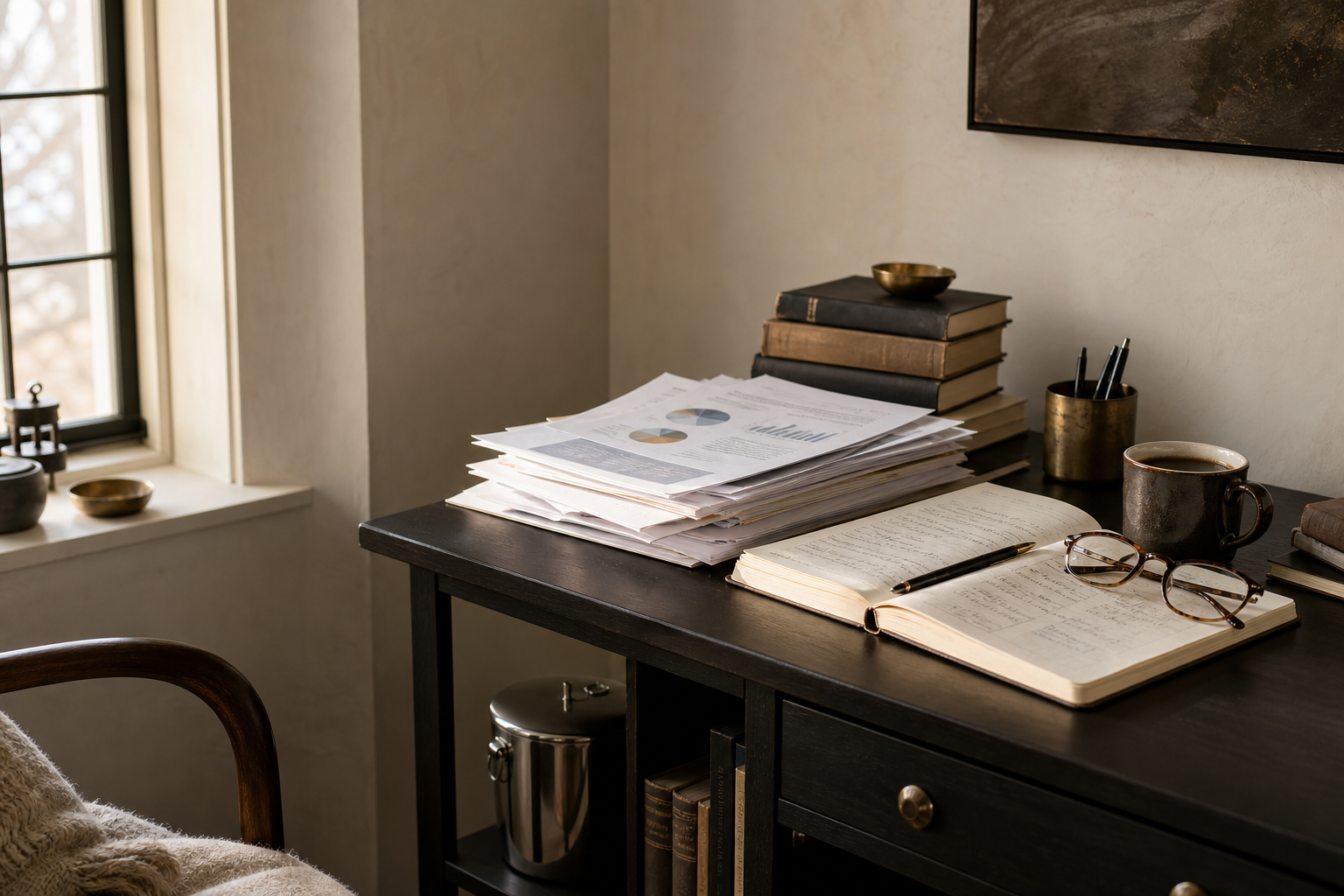 Research papers and notebook on a quiet morning desk